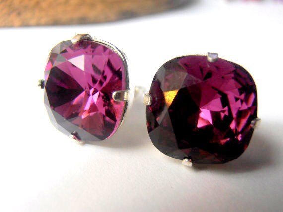 Amethyst Cushion Cut Stud Earrings, Fancy Purple, Crystal Post Earrings, Cocktail Square Cut Jewelry, Manhattan Style