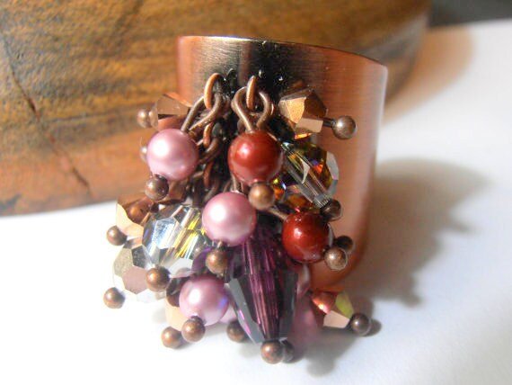 Multi-stone Copper Adjustable Cuff Ring / Band Rings / Antque Jewelry / Burgundy Crystal / Trend Jewelry for Women / Gift for her