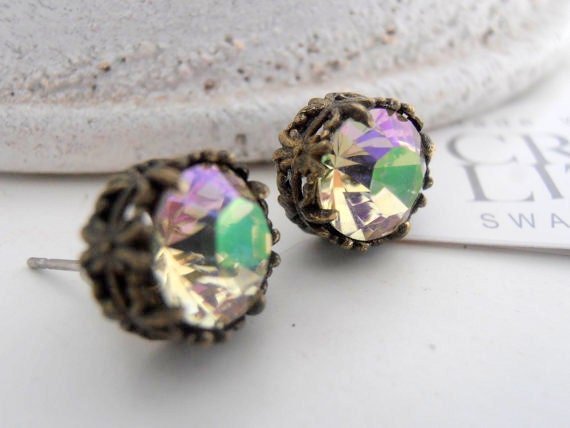 Bronze Stud Earrings, Luminous Green Post Earrings, Antique Jewelry, Crystal Pierced studs, Round Filigree, Girls Birthday Gifts