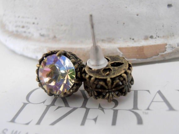 Bronze Stud Earrings, Luminous Green Post Earrings, Antique Jewelry, Crystal Pierced studs, Round Filigree, Girls Birthday Gifts