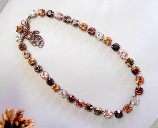 Brown Multi colors Crystal Choker, Tennis Cup chain Necklace, Antique Copper Jewelry, Gift Prom Jewelry for her