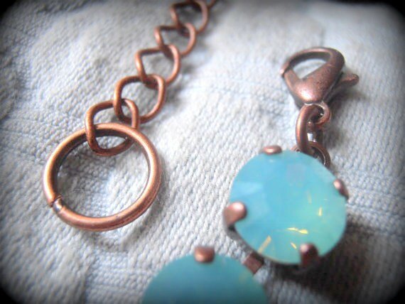 Pacific Opal Copper Bracelet / Antique Jewery / Silk Crystal Chatons SS39 / Tennis Cup chain / Gift for her