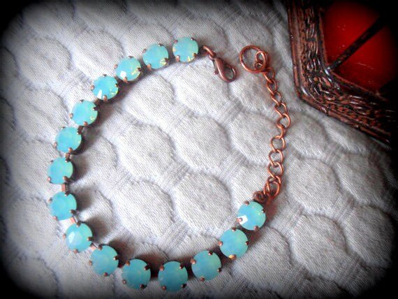 Pacific Opal Copper Bracelet / Antique Jewery / Silk Crystal Chatons SS39 / Tennis Cup chain / Gift for her