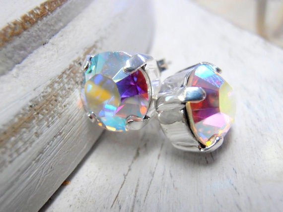 Aurora Borealis Stud Earrings in Silver | Women Jewelry Birthday Gift