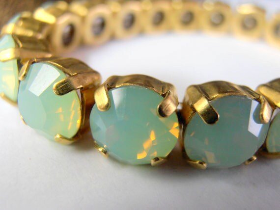 Chrysolite Opal stretch bracelet with Authentic crystal chatons / sew on cuff / Green Opal / Everyday jewelry