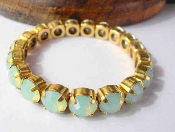 Chrysolite Opal stretch bracelet with Authentic crystal chatons / sew on cuff / Green Opal / Everyday jewelry