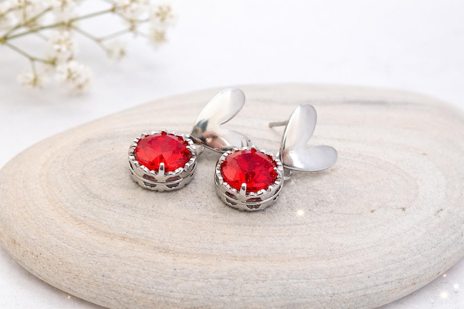 Flower Crystal Earrings | Ruby Red Rhinestone Dangle Earrings