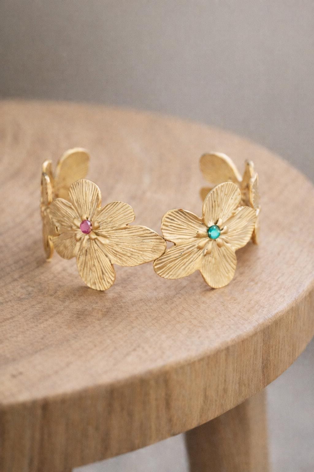 Bold Floral Cuff Bracelet in Gold Plated | Waterproof Botanical Jewelry