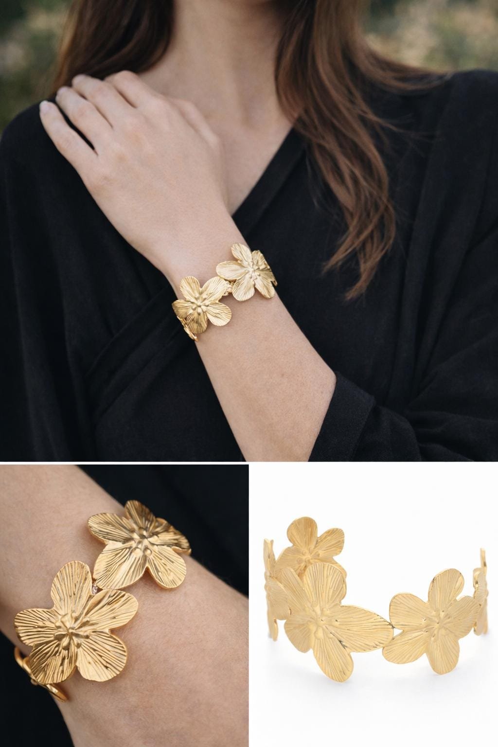 Bold Floral Cuff Bracelet in Gold Plated | Waterproof Botanical Jewelry