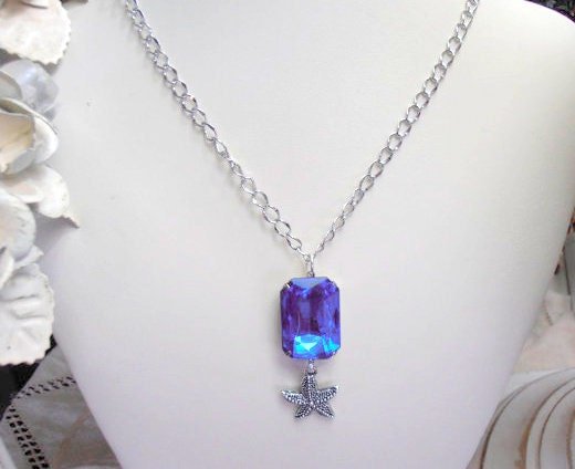 Blue Sapphire Crystal Starfish Charm Chain Necklace in Silver Plating