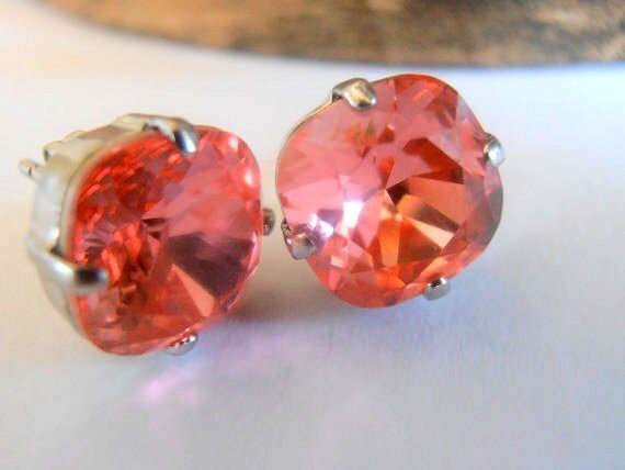 Rose Peach Stud Square Earrings / Crystal Studs / Crystal Cushion cut 4470 / Pearced Post Earring / Gift for her