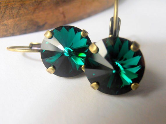 Emerald Green Dangle Bronze Rivoli Earrings / Antique Jewelry / Vienna Drop Setting / Christmas Gift