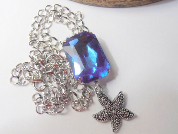 Blue Sapphire Crystal Starfish Charm Chain Necklace in Silver Plating