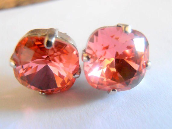 Rose Peach Stud Square Earrings / Crystal Studs / Crystal Cushion cut 4470 / Pearced Post Earring / Gift for her