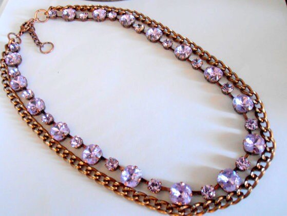 Lavender layering Necklace, Crystal Chain jewelry, Double Strand, Copper setting, Women Birthday Gift