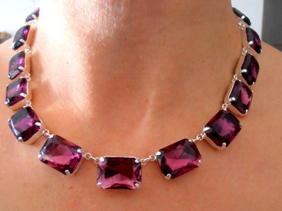 Anna Wintour Amethyst Crystal Statement Necklace / Victorian Silver Plated Jewelry / Rectangular 18x13mm Crystals