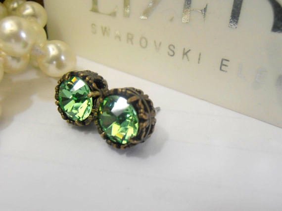 Peridot Green Crystal Post Earrings in Antique Bronze Jewelry Art Deco Studs for Girls Pierced Earrings Birthday Gift