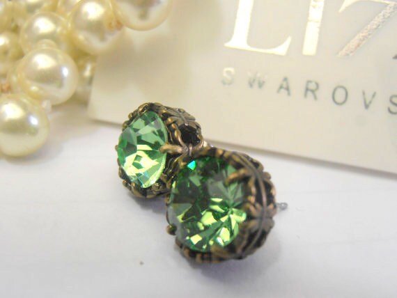 Peridot Green Crystal Post Earrings in Antique Bronze Jewelry Art Deco Studs for Girls Pierced Earrings Birthday Gift