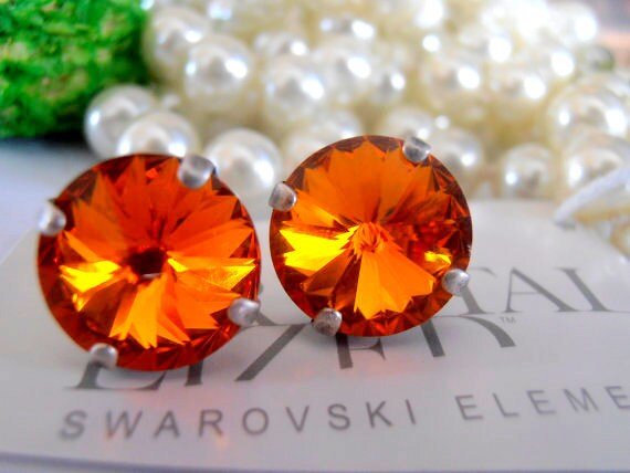 Tangerine Orange Stud Earrings with Rivoli Crystals • Antique Silver Jewelry • Pierced Post • Mother's Day Gift