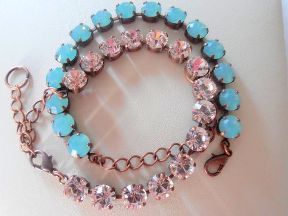 Pacific Opal Copper Bracelet / Antique Jewery / Silk Crystal Chatons SS39 / Tennis Cup chain / Gift for her