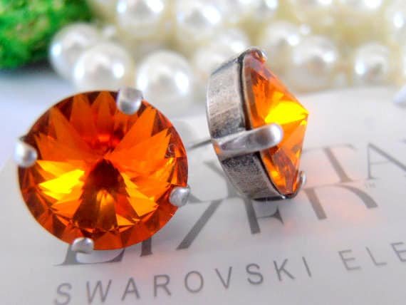 Tangerine Orange Stud Earrings with Rivoli Crystals • Antique Silver Jewelry • Pierced Post • Mother's Day Gift