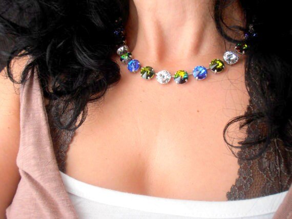 Olivine Sapphire Rivoli Necklace, Crystal Choker 12mm, Tennis Cup chain 1122, Anna Wintour Necklace, Women Jewelry