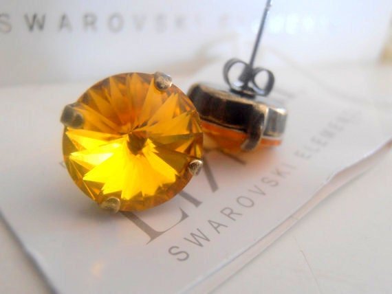 Sunflower Yellow Rivoli Studs 1122 / Antique Bronze Posts/ Pierced Stud Earrings