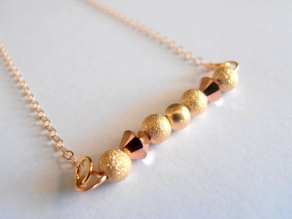 Gold Filled Bar Pendant Necklace / Dainty Crystal Pendant / Rose Gold Bicones/Glitter Beaded Necklace 14/20K / Valentine's Gift