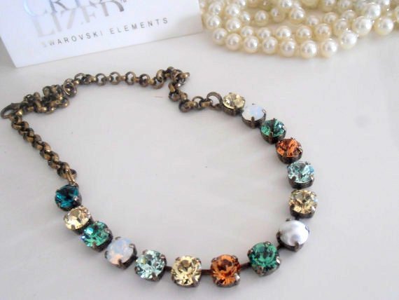 Multi-color Crystal Tennis Choker with Crystal Chatons, 8mm Collet, Antique Bronze Cup chain, Gift for her