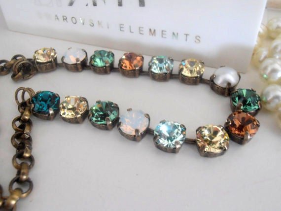 Multi-color Crystal Tennis Choker with Crystal Chatons, 8mm Collet, Antique Bronze Cup chain, Gift for her