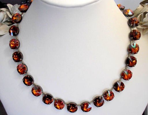 Smoked Topaz Brown Rivoli Necklace 1122, Antique Bronze Jewelry, Statement Collet, Crystal Choker 12mm, Christmas Women Gift