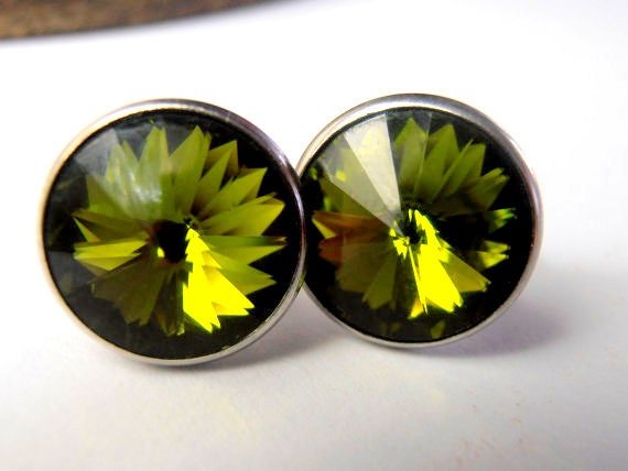 Olivine Green Rivoli Earrings / Crystal Green Studs / Pierced Crystal Earrings / 1122 12mm Round / Costume Jewelry / Gift for her