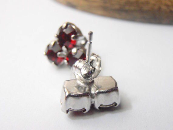 Siam Red crystal Studs, Flower 6mm setting, Platinum Post Earrings, costume jewelry