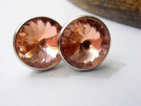 Light Colorado Topaz Post Earrings with Rivoli Crystals 1122, Light Brown Platinum Studs 12mm, Everyday Jewelry, Girlfriend Gift