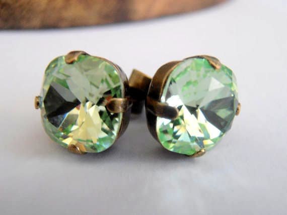 Chrysolite Bronze Stud Earrings, Antique Jewelry, Cushion Cut Crystal, Green Pierced Post 10mm