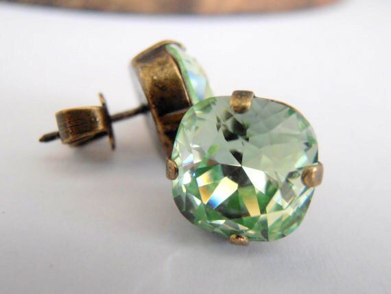 Chrysolite Bronze Stud Earrings, Antique Jewelry, Cushion Cut Crystal, Green Pierced Post 10mm