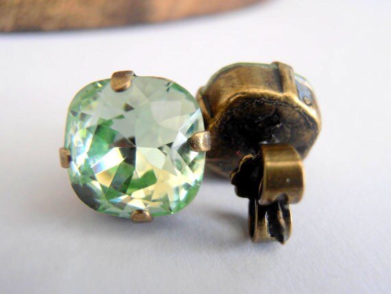 Chrysolite Bronze Stud Earrings, Antique Jewelry, Cushion Cut Crystal, Green Pierced Post 10mm