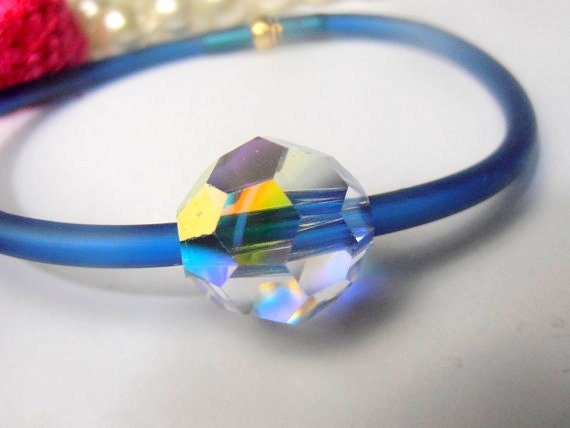 Aurora Borealis Crystal Rubber Bracelet / Faceted Round Beads on a Metallic Blue / Summer Jewelry