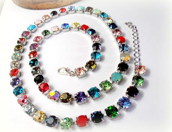 Long Cup chain Crystal Tennis Necklace, Bohemian Jewelry, Multicolor 8mm Chatons, Indian Boho Accessories, Gift for her