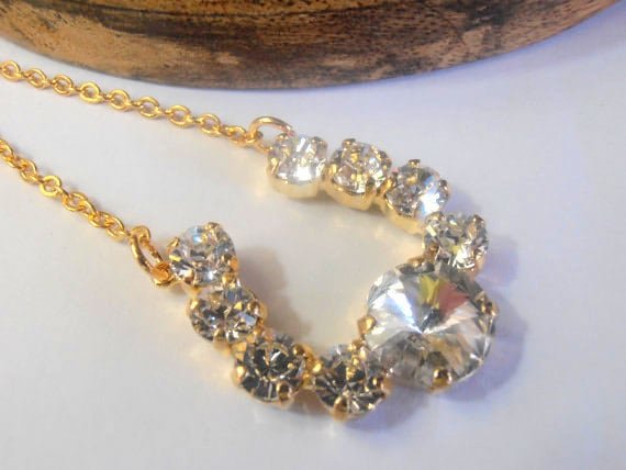 Clear Crystal Horseshoe Long Pendant, Gold Jewelry, Chatons Charm Chain Necklace 