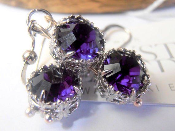 Purple Velvet Filigree Earrings / Art Deco Crystal Drop / Wedding Dangle Hook / Birthday gift