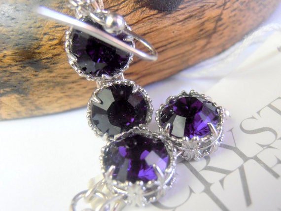 Purple Velvet Filigree Earrings / Art Deco Crystal Drop / Wedding Dangle Hook / Birthday gift