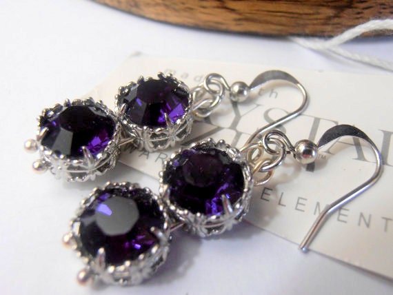 Purple Velvet Filigree Earrings / Art Deco Crystal Drop / Wedding Dangle Hook / Birthday gift