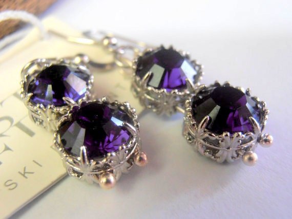 Purple Velvet Filigree Earrings / Art Deco Crystal Drop / Wedding Dangle Hook / Birthday gift