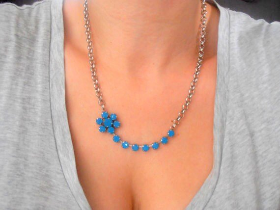 Carribean Blue Opal Flower Cup chain Necklace, Women Bohemian Chain Jewelry, Antique silver 6mm, Birthday Gift