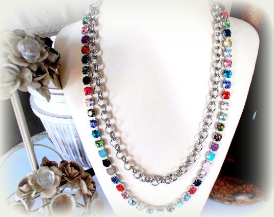 Long Cup chain Crystal Tennis Necklace, Bohemian Jewelry, Multicolor 8mm Chatons, Indian Boho Accessories, Gift for her