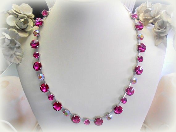 Fuchsia Tennis Crystal Necklace, Rivoli and Chaton Necklace, Cupchain Choker, Collet, Antique silver, 12mm Cabochons, Gift for her