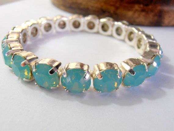 Pacific Opal Stretch Bracelet with Crystal Chatons / Cuff Bracelet / Sew On  Silver setting /  Fashion Jewelry / Birthday Gift for her