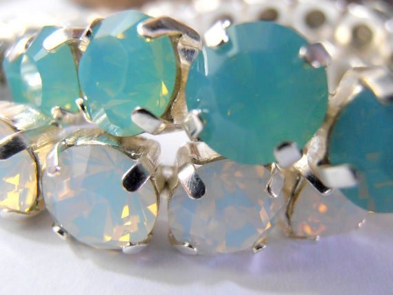 Pacific Opal Stretch Bracelet with Crystal Chatons / Cuff Bracelet / Sew On  Silver setting /  Fashion Jewelry / Birthday Gift for her