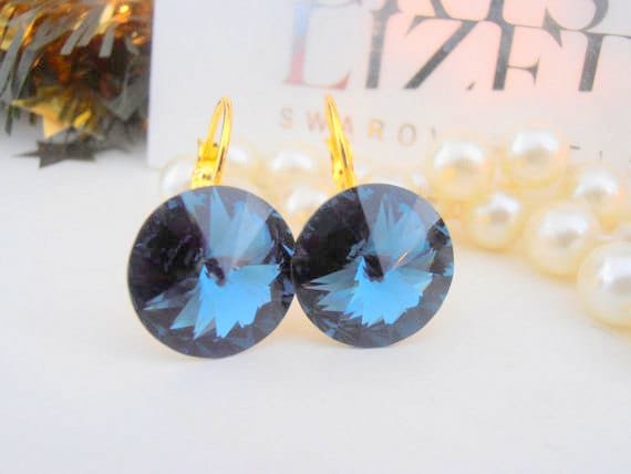 Dark Sapphire Blue Dangle Gold Earrings with Rivoli Crystals 14mm / Round Drop Lever back / Birthday Jewelry